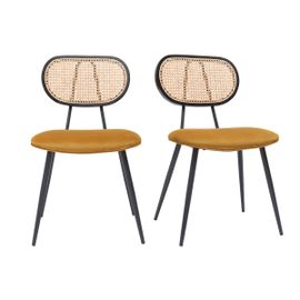 Chaises Design En Tissu Velours Bronze, Métal Noir Et Cannage Rotin Naturel (Lot De 2) Tolma