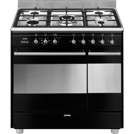 Smeg SCB92MN8 - Cuisinière (four à deux étages) - pose libre - largeur : 90 cm - profondeur : 60 cm - hauteur : 88.5 cm - avec système auto-nettoyant - noir brillant