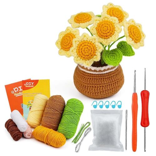 Kits Complets De Crochet Pour Les Débutants, Kit De Crochet De Tournesol Bricolage Avec Des Marqueurs À Tricoter Boule De Fil Facile, Instruction