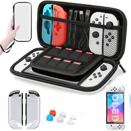 Étui Pour Switch Oled Kit Accessoires Pochette Avec Coque Pour Nintendo Switch Oled Ecran Verre Trempé Et Poignées Couvre Pouce