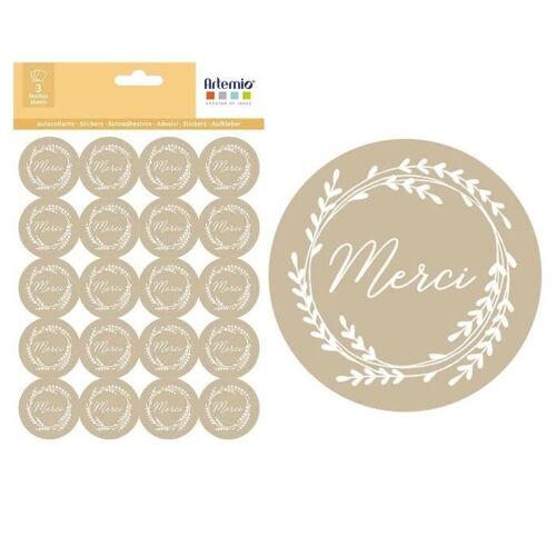 Stickers kraft Merci ARTEMIO - Lot de 120 autocollants Ø 3,5 cm - Blanc