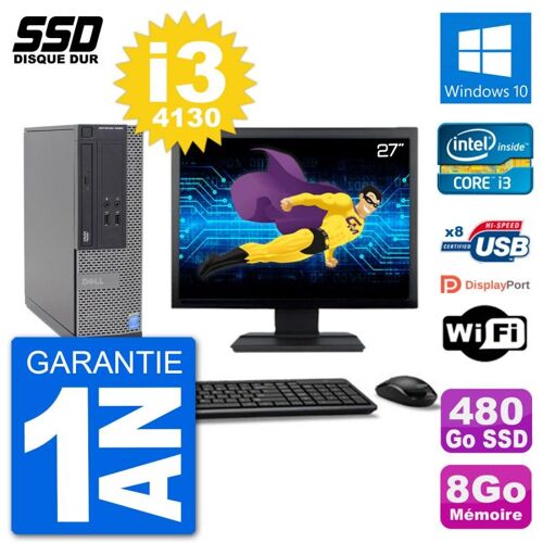 PC Dell Optiplex 3020 SFF Ecran 27" i3-4130 RAM 8Go SSD 480Go Windows 10 Wifi