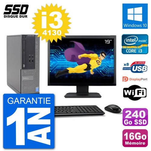 PC Dell Optiplex 3020 SFF Ecran 19" i3-4130 RAM 16Go SSD 240Go Windows 10 Wifi