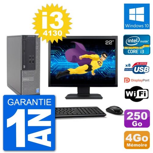 PC Dell Optiplex 3020 SFF Ecran 22" i3-4130 RAM 4Go Disque 250Go Windows 10 Wifi