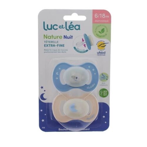 Luc Et Léa Nature Nuit Sucettes Anatomiques Téterelle Extra-Fine 6-18 Mois Koala & Lune Lot De 2 Sucettes