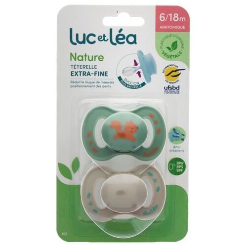 Luc Et Léa Nature 2 Sucettes Anatomiques Téterelle Extra-Fine 6-18 Mois - Modèle : Vert Écureuil Et Taupe