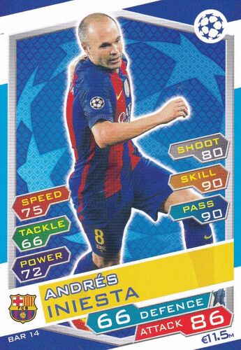 Carte Topps Match Attax - Andres Iniesta - Bar 14 - Fc Barcelone - Champions League 2016/2017 -