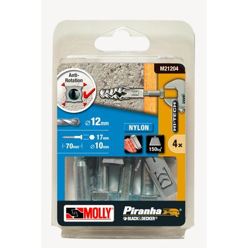 4 Chevilles nylon MOLLY Diamètre 12x60mm + tire fond Diamètre 10x70mm