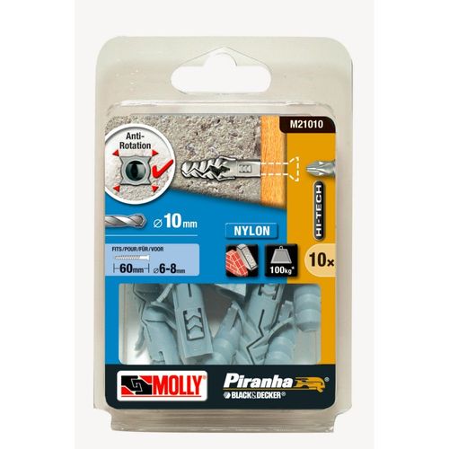 10 Chevilles nylon MOLLY Diamètre 10x50mm sans vis