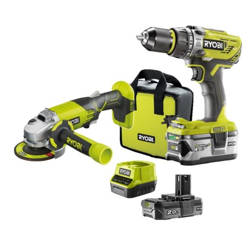 Pack Perceuse-visseuse à percussion RYOBI 18V - Meuleuse d'angle One+ 18V - 1 batterie 18V 2.0 Ah - 1 batterie 18V 4.0 Ah - 1 chargeur R18PDAG-242S
