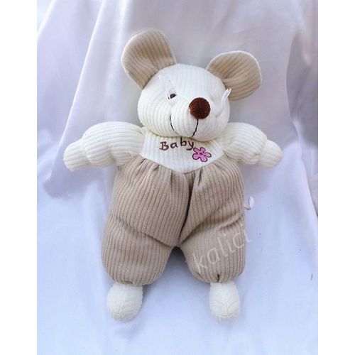 Doudou Peluche Souris Beige Blanc Cassé Broderie Baby Fleur Rose Maxita