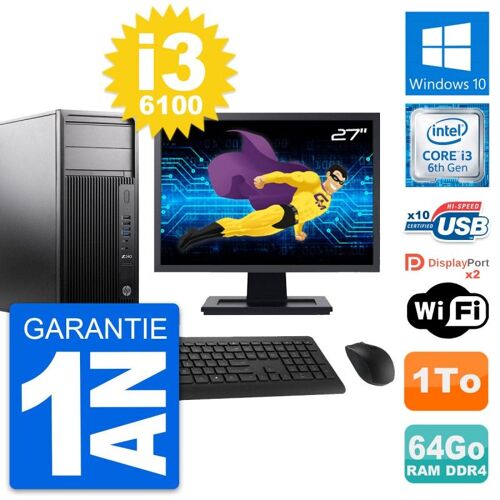 PC Tour HP Z240 MT Ecran 27" Intel i3-6100 RAM 64Go Disque 1To Windows 10 Wifi
