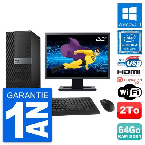 PC Tour Dell 7050 Ecran 22" Intel G4400 RAM 64Go Disque 2To HDMI Windows 10 Wifi