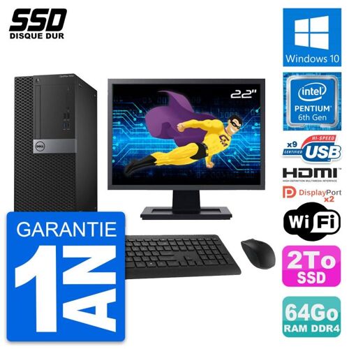 PC Tour Dell 7050 Ecran 22" Pentium G4400 RAM 64Go SSD 2To HDMI Windows 10 Wifi