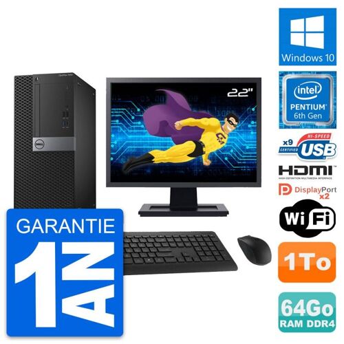 PC Tour Dell 7050 Ecran 22" Intel G4400 RAM 64Go Disque 1To HDMI Windows 10 Wifi