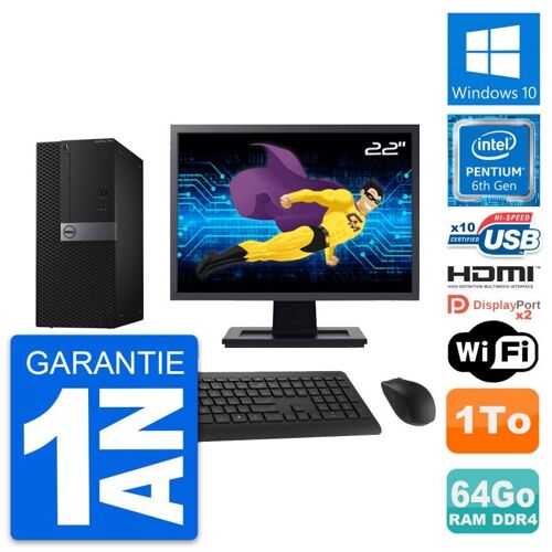 PC Tour Dell 7040 Ecran 22" Intel G4400 RAM 64Go Disque 1To HDMI Windows 10 Wifi