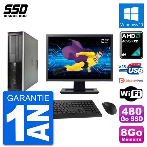 PC HP 6005 SFF Ecran 22" AMD Athlon II X2 B24 RAM 8Go SSD 480Go Windows 10 Wifi