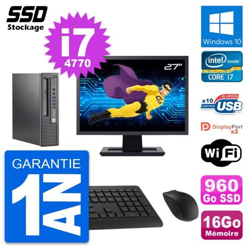 Mini PC HP 800 G1 USDT Ecran 27" Core i7-4770 RAM 16Go SSD 960Go Windows 10 Wifi
