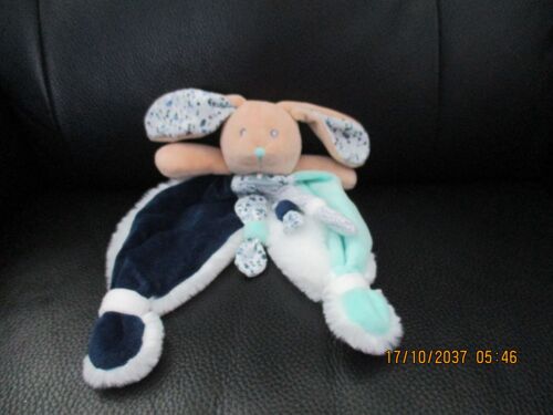 Doudou Plat Lapin Bleu Foncé/Turquoise/Blanc Poupi Baby Nat