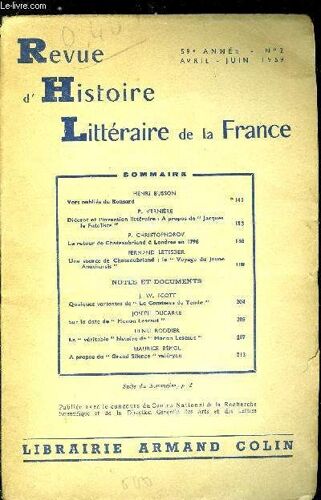 Revue D Histoire Littéraire De La France N° 2 - Vers Oubliés De Ronsard Par Henri Busson, Diderot Et L Invention Littéraire : A Propos De Jacques Le Fataliste Par P. Vernière, Le Retour De(...)