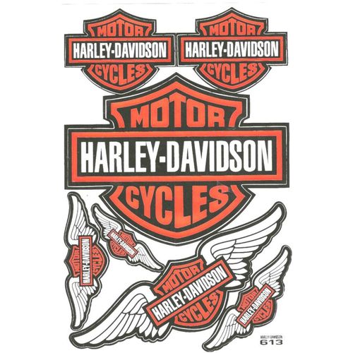 Planche De 7 Stickers Harley Logo Avec Des Ailles Hd Noir Blanc Orange Autocollant