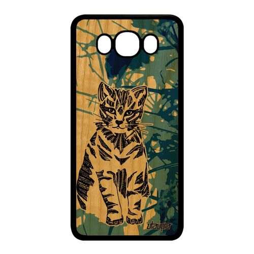 Coque Silicone Pour Samsung Galaxy J7 2016 En Bois Chat Telephone Tribal Dessin