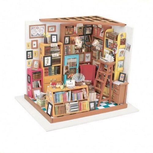 Bibliothèque Sam Avec Lumière- Kit En Bois 22,5 X 18,5 X 19 Cm . Montage Estimé 20 H - Nombreux Accessoires (Étagères, Livres, Chaise, Échelle...), Éclairage + Outillage (Colle, Pinceaux) Inclus Robo