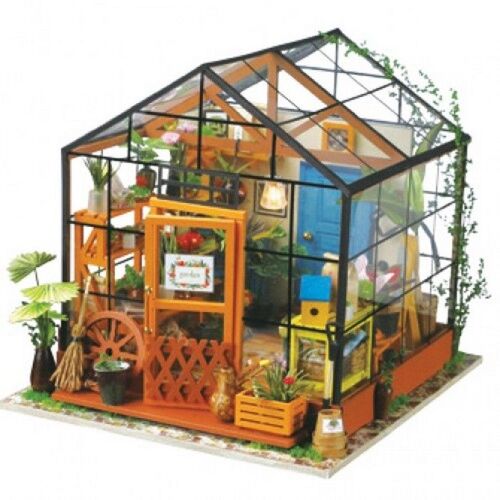 Fleuriste Cathy Avec Lumière - Kit En Bois 19,5x17,5x17,5 Cm Montage Estimé 20 H - Nombreux Accessoires (Plantes, Fleurs, Vases, Étagères, Coffret, Balai...), Éclairage + Outillage Inclus Robotime