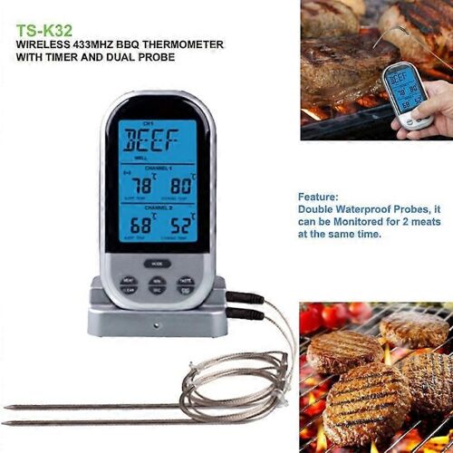 Double Sondes Thermomètre De Cuisine Numérique Sans Fil Affichage Lcd Minuterie De Température Alarme Pour La Cuisson Grill À Viande Four Barbecue D'aliments