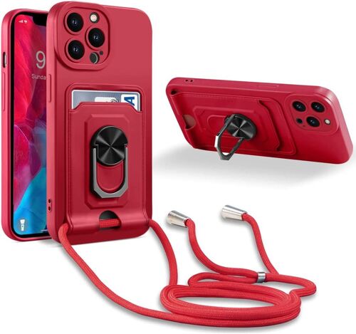 Coque Cordon de Collier iphone 14 Pro Max, 360¡ãAnneau Support Fente Carte de la Case-Rouge