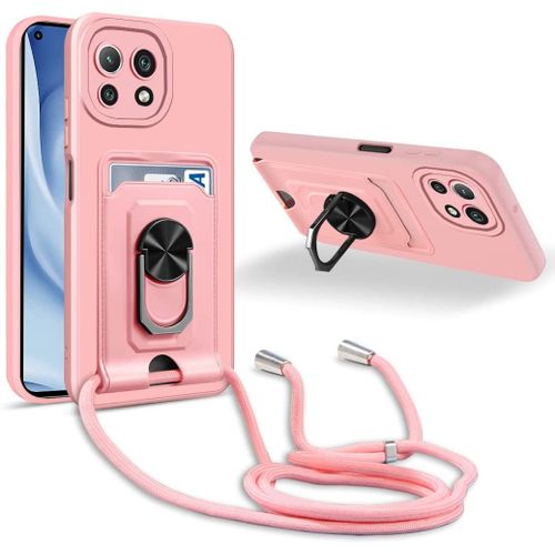 Coque Cordon De Collier Xiaomi Mi 11 Lite 4g/11 Lite 5g/11 Lite 5g Ne, 360¡Ãanneau Support Fente Carte De La Case-Pink