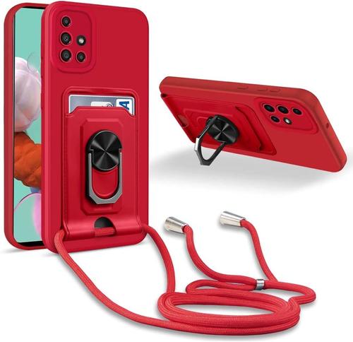 Coque Cordon de Collier Samsung Galaxy A51 4G, 360¡ãAnneau Support Fente Carte de la Case-Rouge