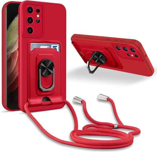 Coque Cordon De Collier Samsung Galaxy S21 Ultra, 360¡Ãanneau Support Fente Carte De La Case-Rouge