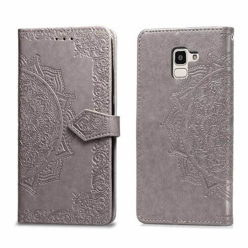 Samsung Galaxy J6 2018 Coque, SATURCASE Mandala Gaufrage PU Cuir Magnétique Flip Portefeuille Support Porte-carte Protecteur Coque Housse Étui avec Dragonne pour Samsung Galaxy J6 2018 (Gris)