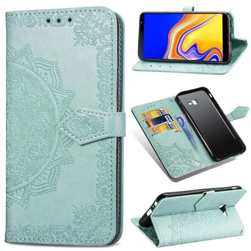 Samsung Galaxy J4 Plus 2018 Coque, SATURCASE Mandala PU Cuir Magnétique Flip Portefeuille Support Porte-carte Protecteur Coque Housse Étui avec Dragonne pour Samsung Galaxy J4 Plus 2018 (Vert)