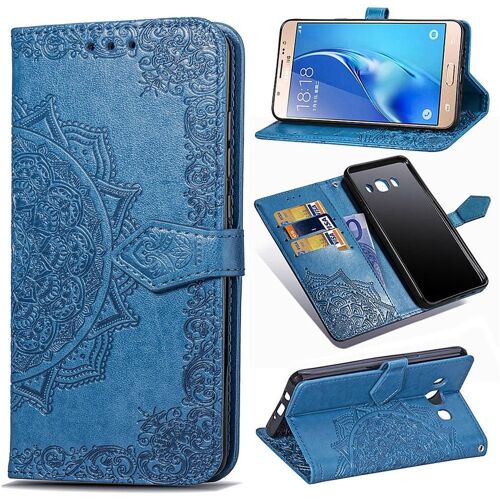Samsung Galaxy J7 (2016) Coque, SATURCASE Mandala Gaufrage PU Cuir Magnétique Flip Portefeuille Support Porte-carte Protecteur Coque Housse Étui avec Dragonne pour Samsung Galaxy J7 (2016) (Bleu)