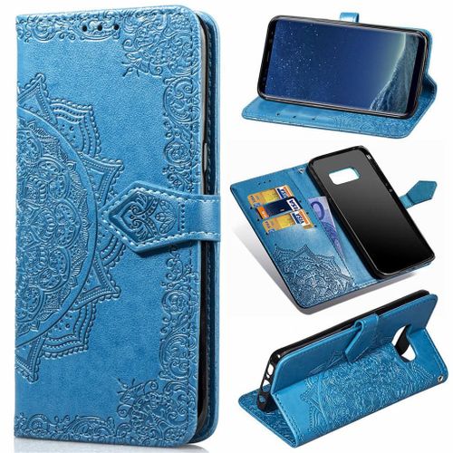 Samsung Galaxy S8 Coque, Saturcase Mandala Gaufrage Pu Cuir Magnétique Flip Portefeuille Support Porte-Carte Protecteur Coque Housse Étui Avec Dragonne Pour Samsung Galaxy S8 (Bleu)