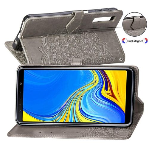 Samsung Galaxy A7 2018 Coque, SATURCASE Mandala Gaufrage PU Cuir Magnétique Flip Portefeuille Support Porte-carte Protecteur Coque Housse Étui avec Dragonne pour Samsung Galaxy A7 2018 (Gris)