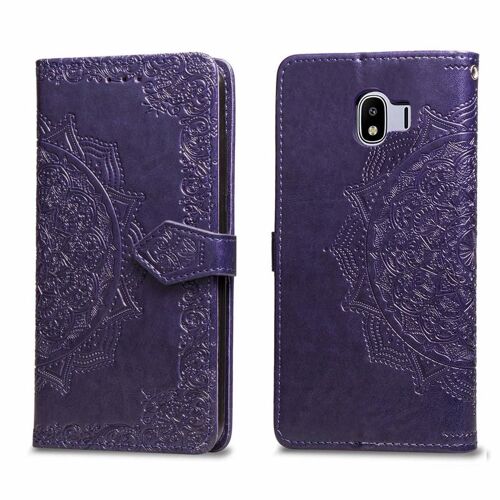 Samsung Galaxy J4 2018 Coque, SATURCASE Mandala Gaufrage PU Cuir Magnétique Flip Portefeuille Support Porte-carte Protecteur Coque Housse Étui avec Dragonne pour Samsung Galaxy J4 2018 (Violet)