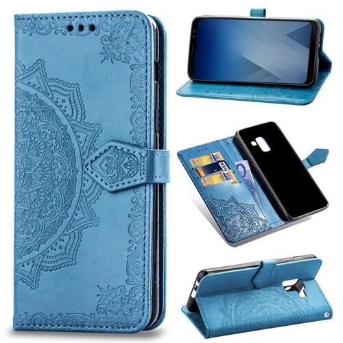 Samsung Galaxy A8 Plus (2018) Coque, SATURCASE Mandala PU Cuir Magnétique Flip Portefeuille Support Porte-carte Protecteur Coque Housse Étui avec Dragonne pour Samsung Galaxy A8 Plus (2018) (Bleu)