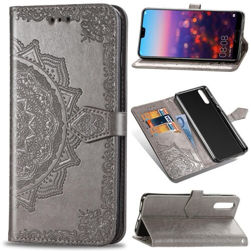 Huawei P20 Coque, SATURCASE Mandala Gaufrage PU Cuir Magnétique Flip Portefeuille Support Porte-carte Protecteur Coque Housse Étui avec Dragonne pour Huawei P20 (Gris)