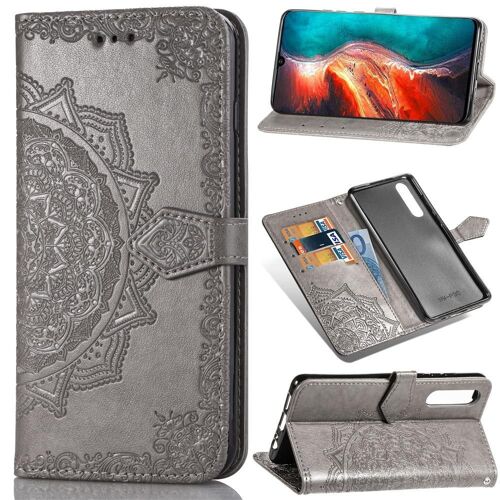 Huawei P30 Coque, SATURCASE Mandala Gaufrage PU Cuir Magnétique Flip Portefeuille Support Porte-carte Protecteur Coque Housse Étui avec Dragonne pour Huawei P30 (Gris)