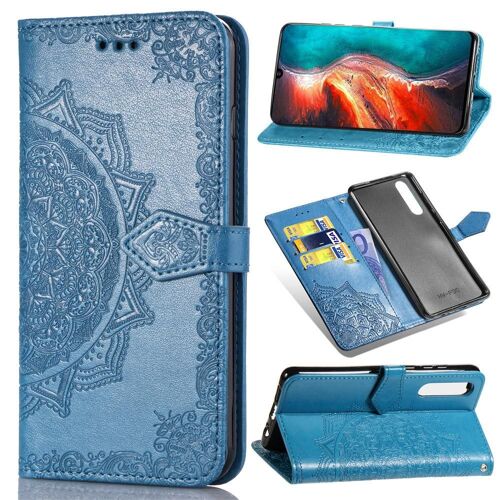 Huawei P30 Coque, SATURCASE Mandala Gaufrage PU Cuir Magnétique Flip Portefeuille Support Porte-carte Protecteur Coque Housse Étui avec Dragonne pour Huawei P30 (Bleu)