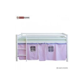 Lit Simple Blanc 90x200 En Hauteur Avec Echelle Et Rideau Rose