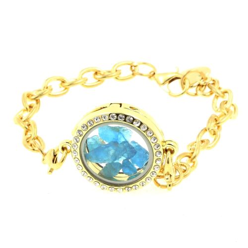 Bracelet Apatite Bleu Neon Brut Modèle Médaillon 25 Mm. Couleur Or.