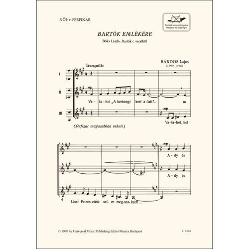 Lajos Bárdos : Bartók Emlékére - Partitions Pour Chorales Mixed Choir A Cappella 9790080061480 Embz6148