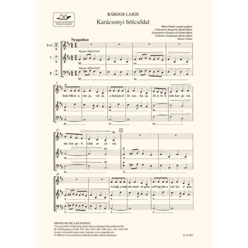 Lajos Bárdos : Karacsonyi Bölcsödal - Partitions Pour Chorales Mixed Voices A Cappella 9790080144558 Embz14455