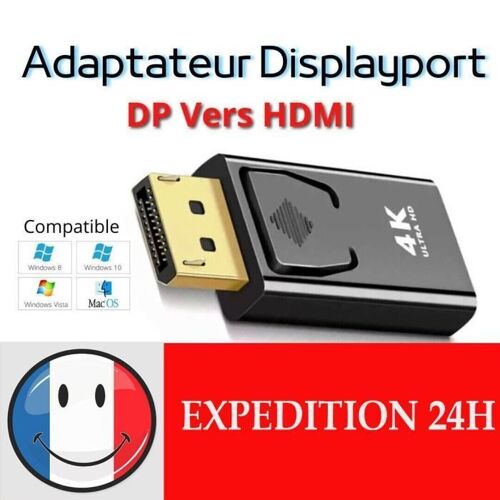 Adaptateur Convertisseur Noir Display Port DP Mâle Vers HDMI Femelle Pour La TVHD PC FE