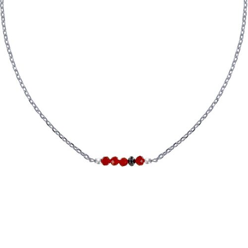 Les Poulettes Bijoux - Collier Chaine Argent Rhodié Quatre Perles Facettées De Cornaline Et Un Diamant Noir Facettée