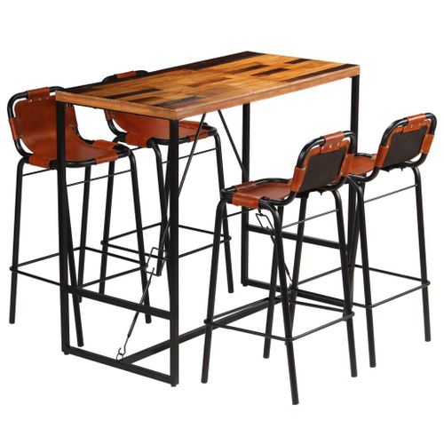 Vidaxl Ensemble De Bar 5 Pcs Bois Massif Recyclé Et Cuir De Chèvre